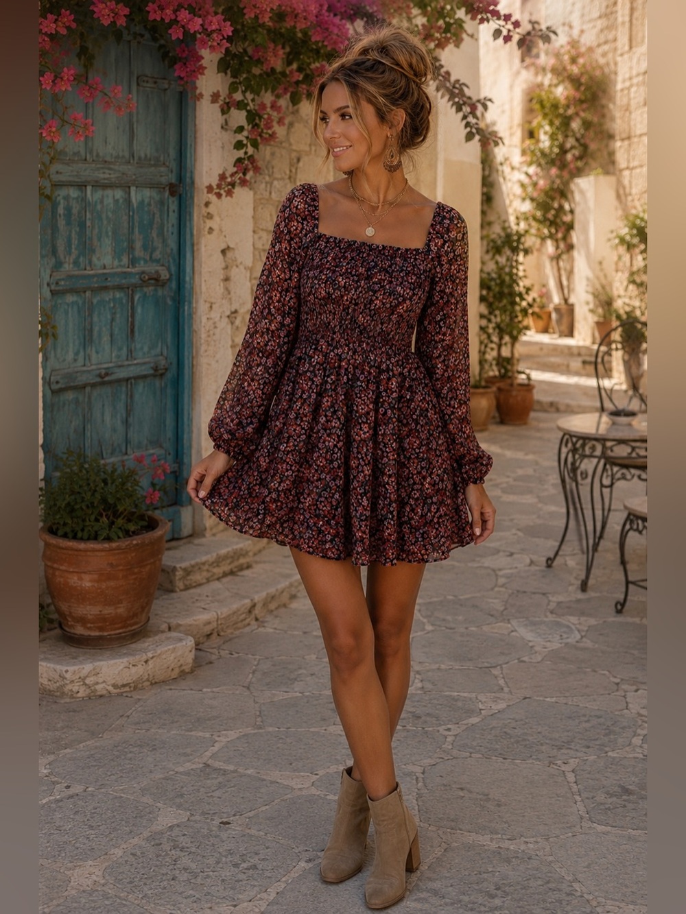 Mi Ami Floral Smocked Mini Dress M | Square Neck Long Sleeve Cottagecore Boho